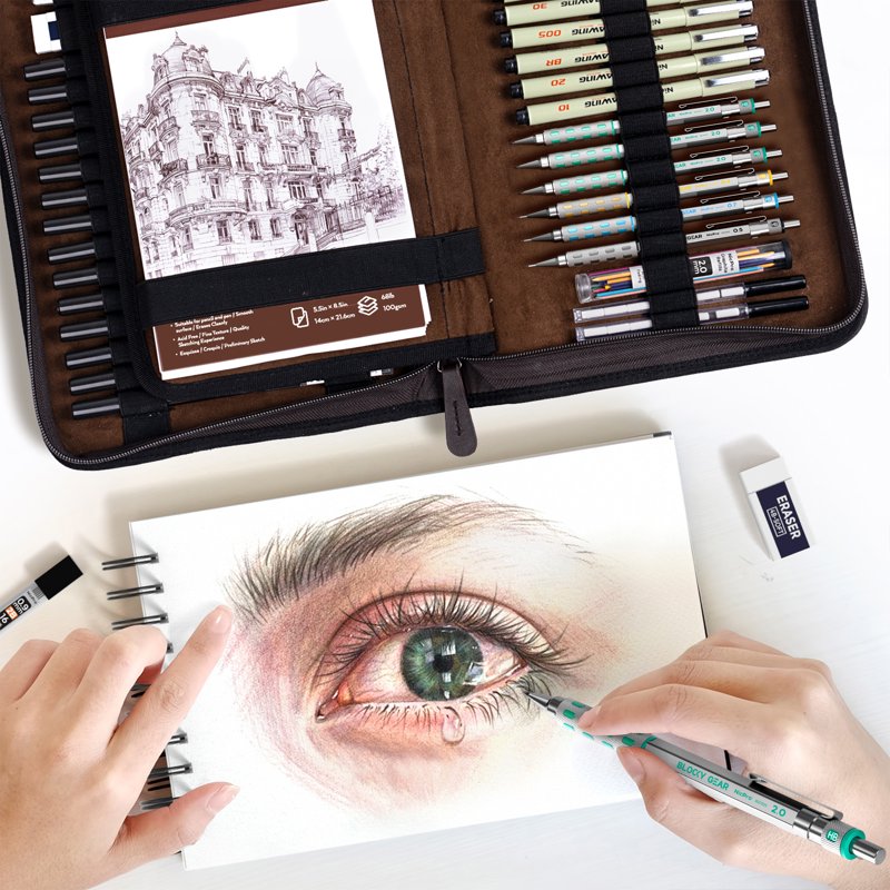 Art Drawing Supplies Kit with Leather Case - Mechanical Pencils, Micron Pens & Sketchbook