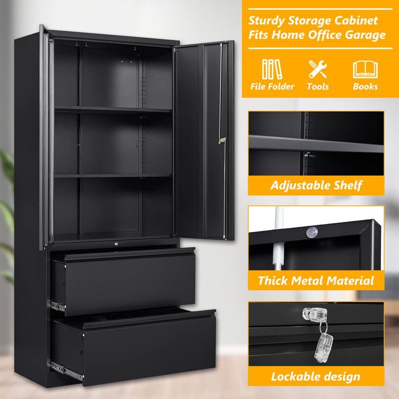 2 Drawer Metal Lateral File Cabinet with Locking Storage Shelves - Office & Legal File Storage