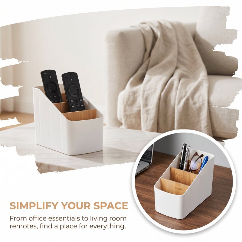 Desk Organizer for Remote Controls, Pens, Keys & Phone - White