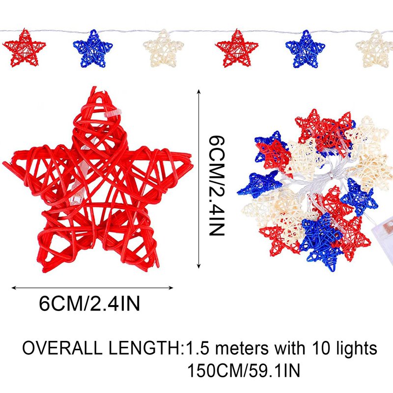 Patriotic 4th of July String Lights Rattan Star Decor Battery Operated - Red White Blue