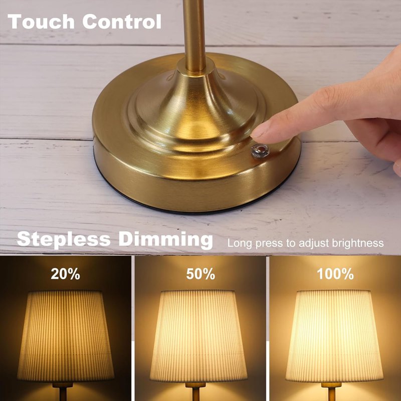 Cordless LED Table Lamp with Touch Dimming, 5200mAh Rechargeable Battery - Gold