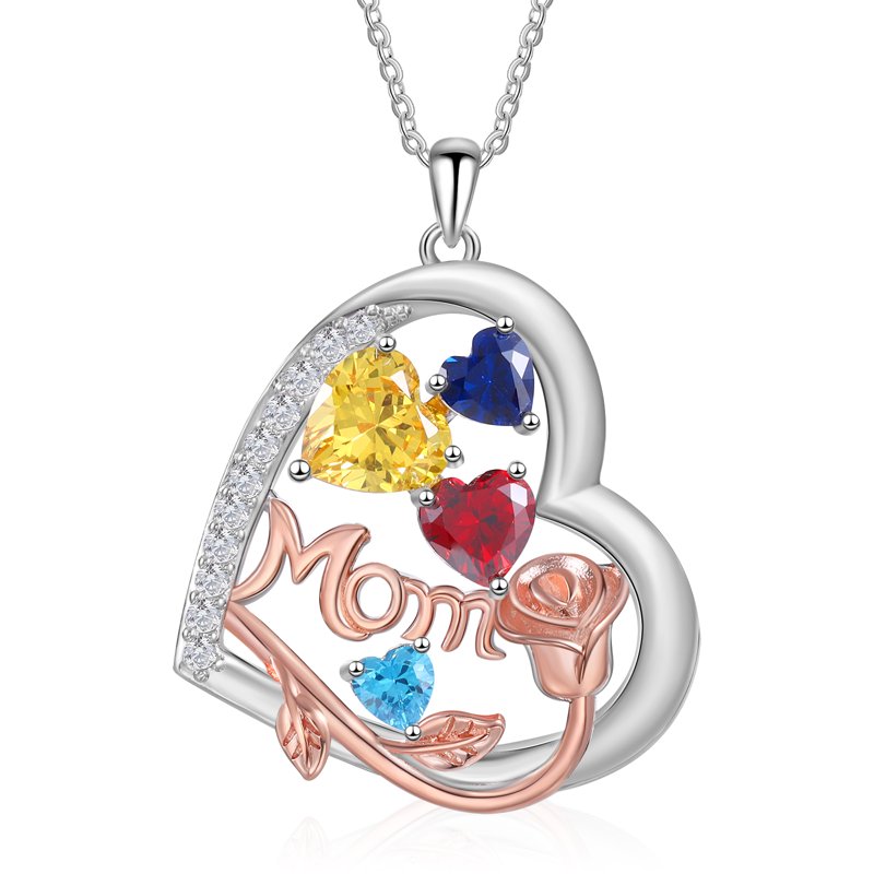 Personalized Brass Heart Necklace with Birthstones for Mom - Family Jewelry