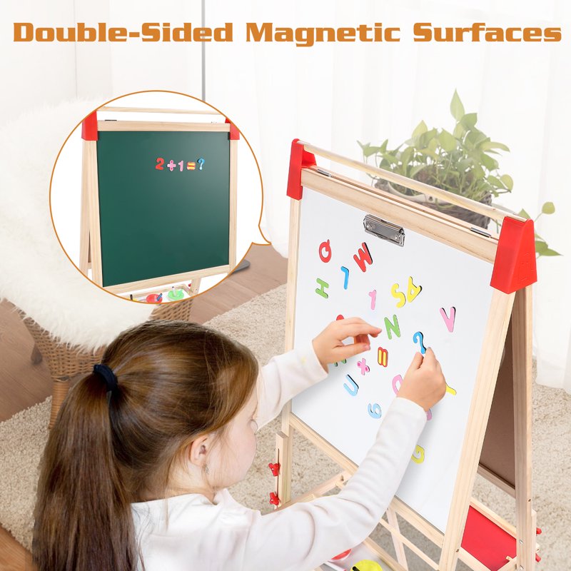 Wooden Art Easel with Double-Sided Chalkboard & Whiteboard - Adjustable & Foldable Art Stand with Accessories