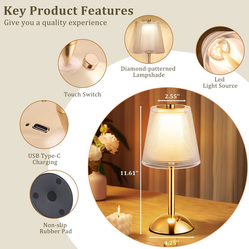 Rechargeable Cordless Crystal Table Lamp with 3 Light Colors and Dimming