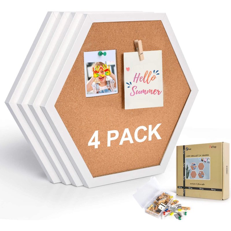 Hexagon Cork Bulletin Board Set - 4 Pack White Wall Cork Tiles for Office & Home
