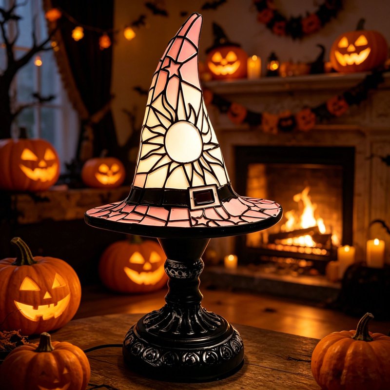 Table Lamp - Stained Glass Witch Hat Night Light, 7in Handcrafted Resin Décor (Variation: S(7in)L)