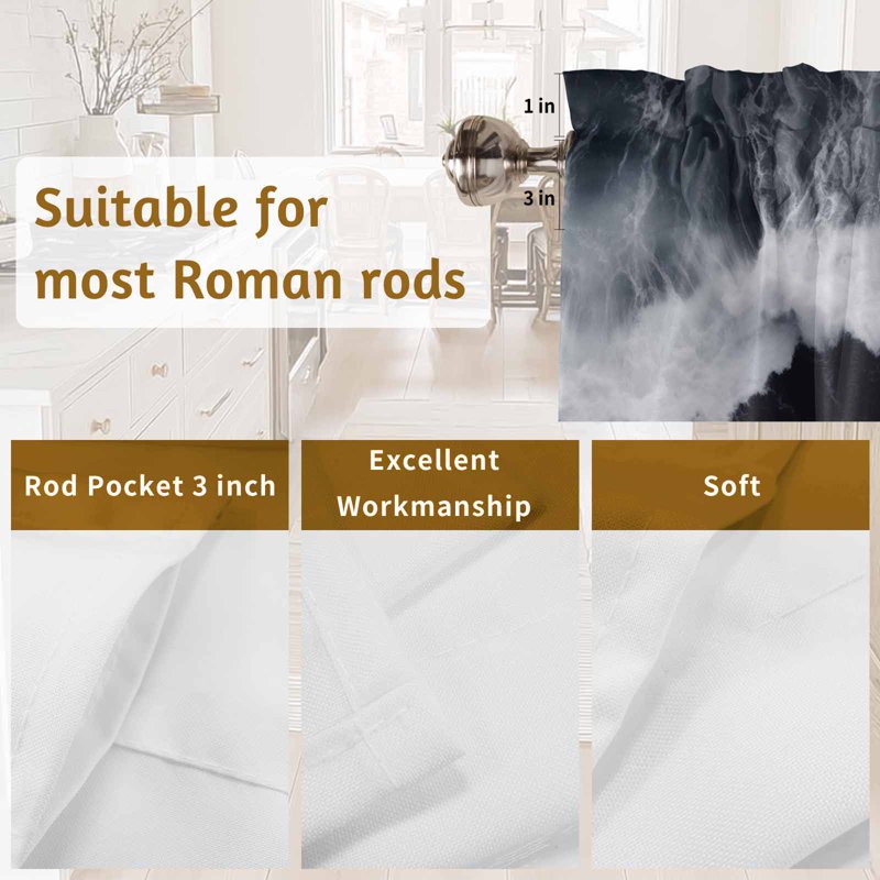 Black Coastal Window Valances Set - Light Filtering Kitchen Curtain Panels, Rod Pocket Short Window Treatments for Living & Bedroom