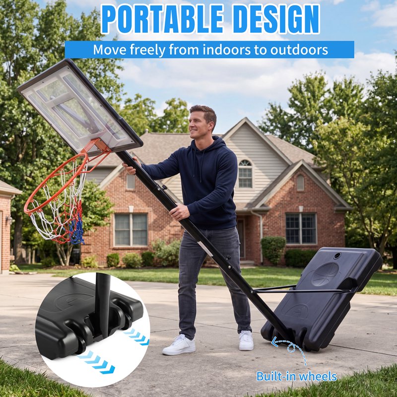 Portable Adjustable Basketball Hoop System - 8ft-10ft Height, 35in Backboard, Wheels for Indoor Outdoor Play