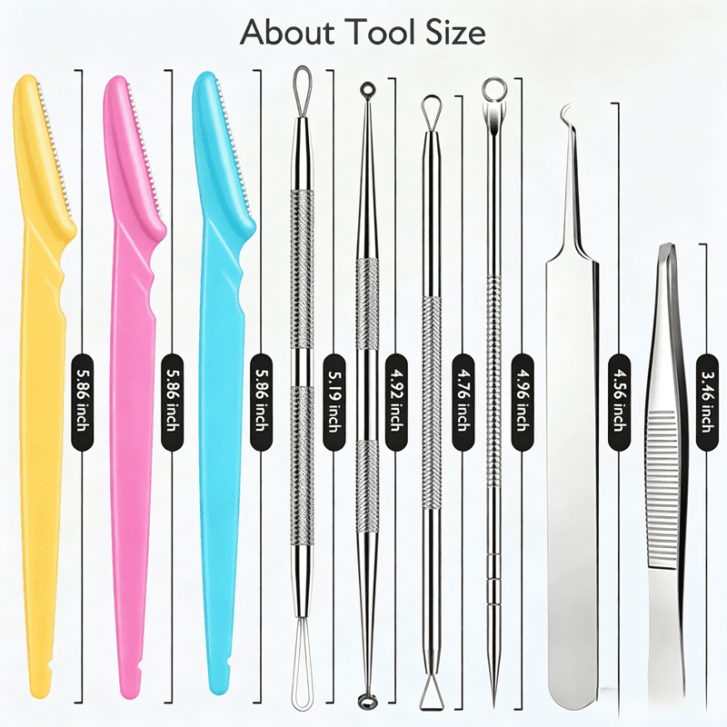 9-in-1 Blackhead Remover Tool Kit with Diagonal Tweezers - Stainless Steel
