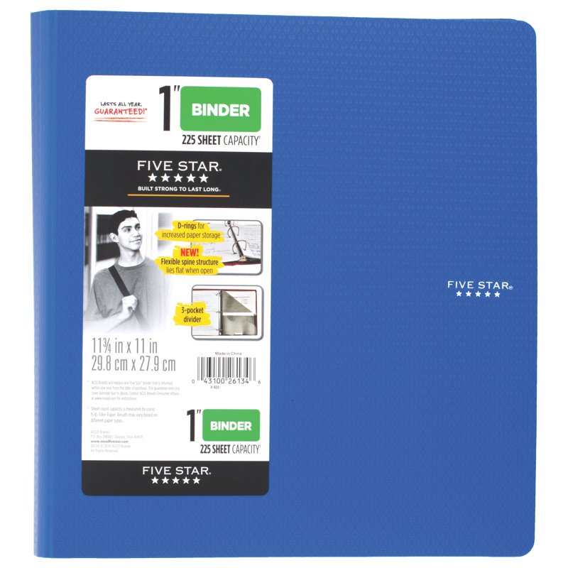 1-Inch Plastic Binder with D-Rings, 225 Sheets, Assorted Colors, 11 3/4 x 11 Inches