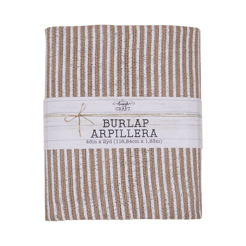 Precut Burlap Fabric Roll with White Screenprint Stripe - Natural Jute Craft Material