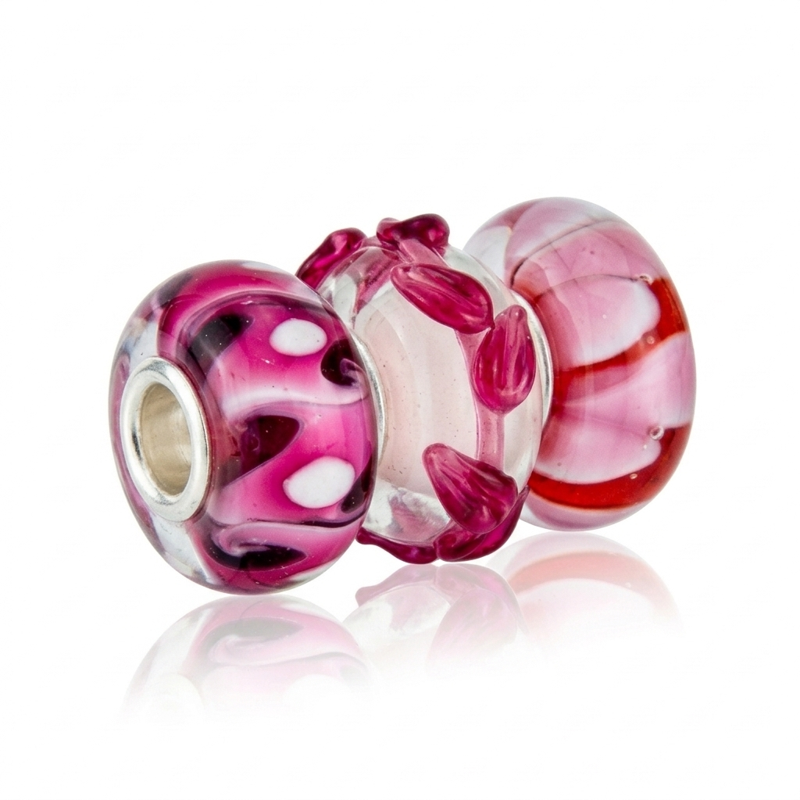 Mixed Pink Murano Glass Charm Beads for Bracelets & Jewelry Making - Sterling Silver Core
