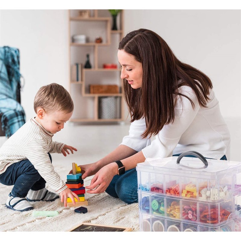 Large 3-Layer Clear Plastic Craft Storage Box with 30 Adjustable Compartments