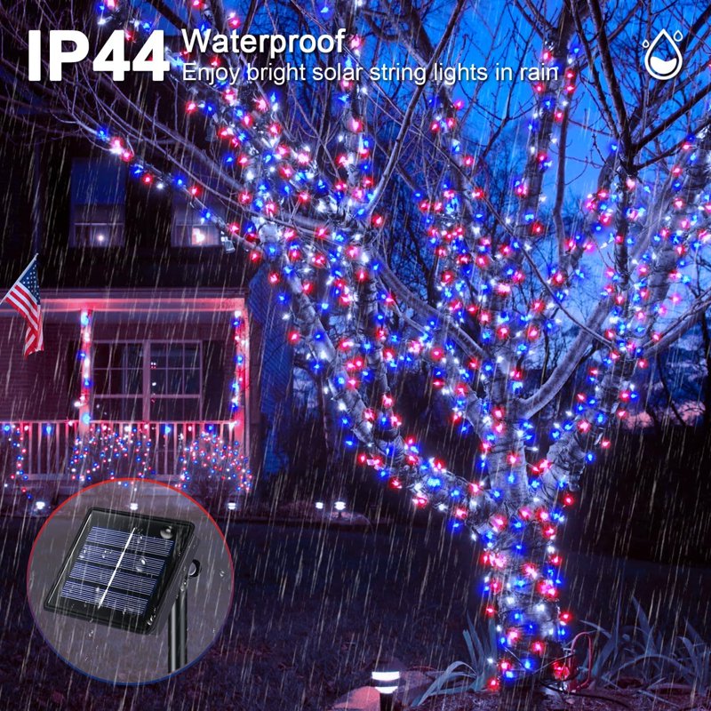 Red White and Blue Solar Lights 200LED 75.5ft Patriot String Lights, 8 Modes, Waterproof