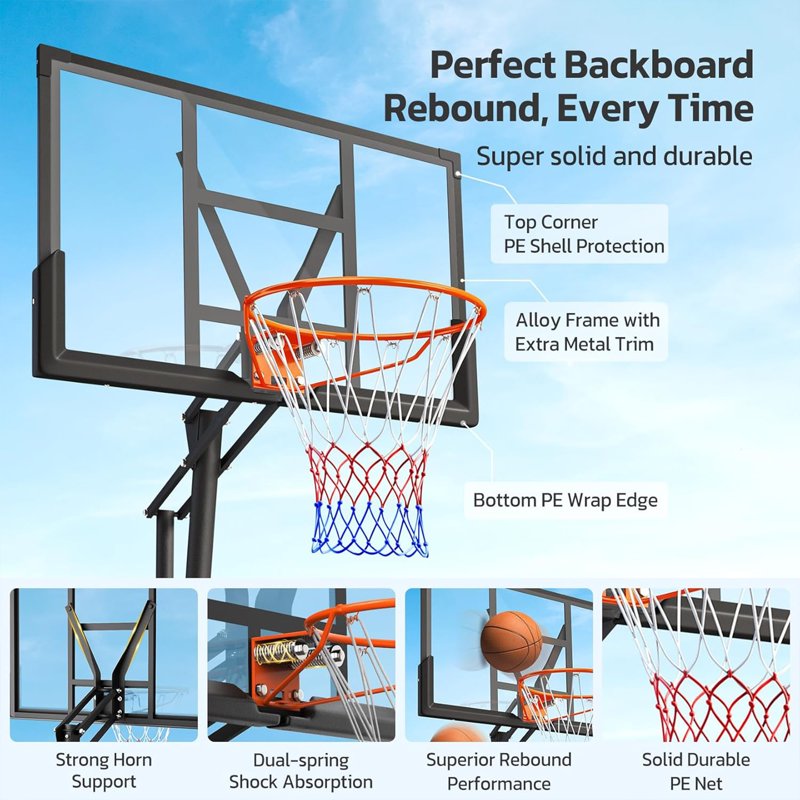 Portable Basketball Hoop System with Adjustable Height 5.25-10FT, Shatterproof Backboard