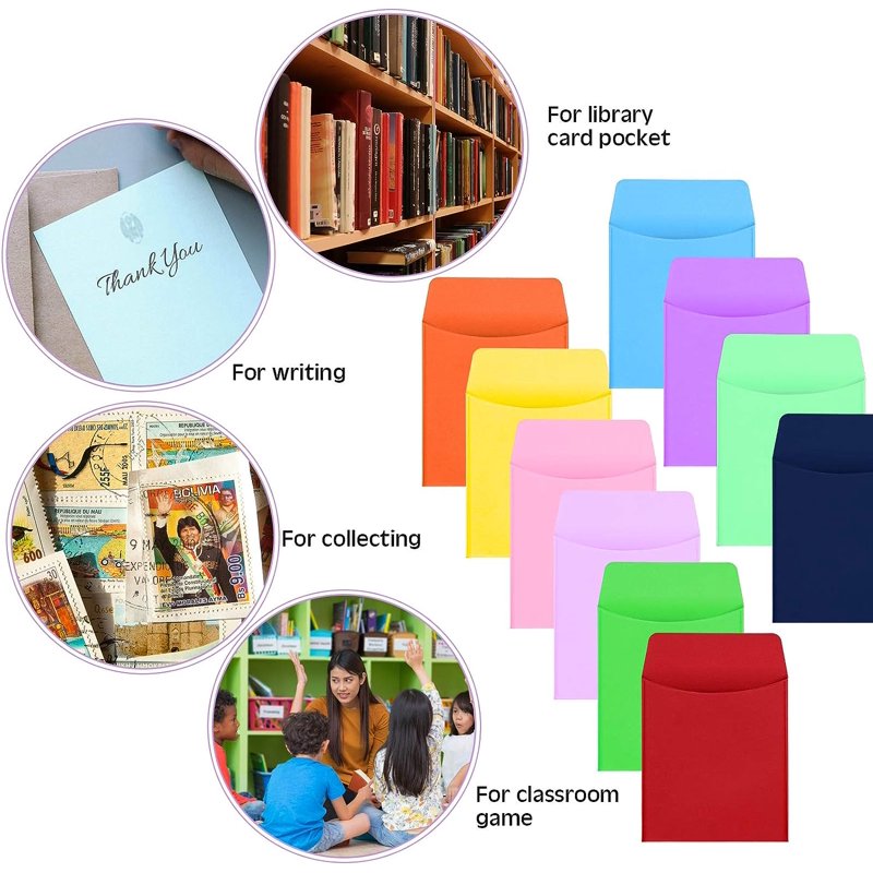 Colorful Library Card Envelopes Pack with Adhesive Dots for School & Office Use