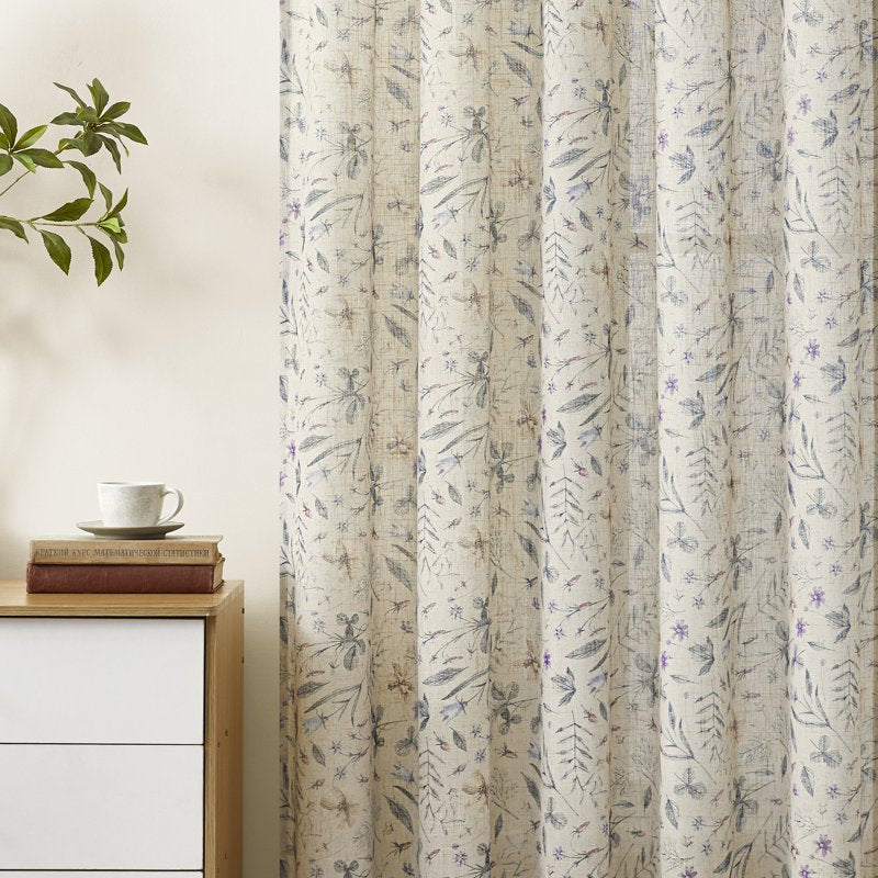 Farmhouse Floral Linen Curtains - Light Filtering Window Drapes for Living & Bedroom