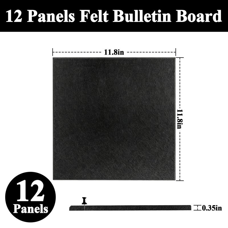 Modular Felt Bulletin Board Tiles Set - Self-Adhesive Cork Boards for Office & Home, 48x36 Inches, Black