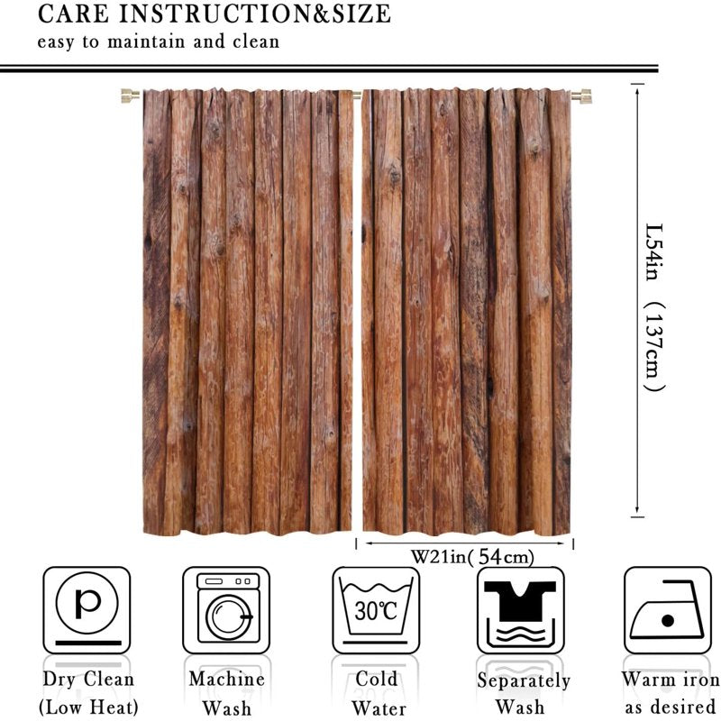 Rustic Wooden Kitchen Curtain Set - Vintage Brown Room Darkening Drapes for Living Room & Bedroom