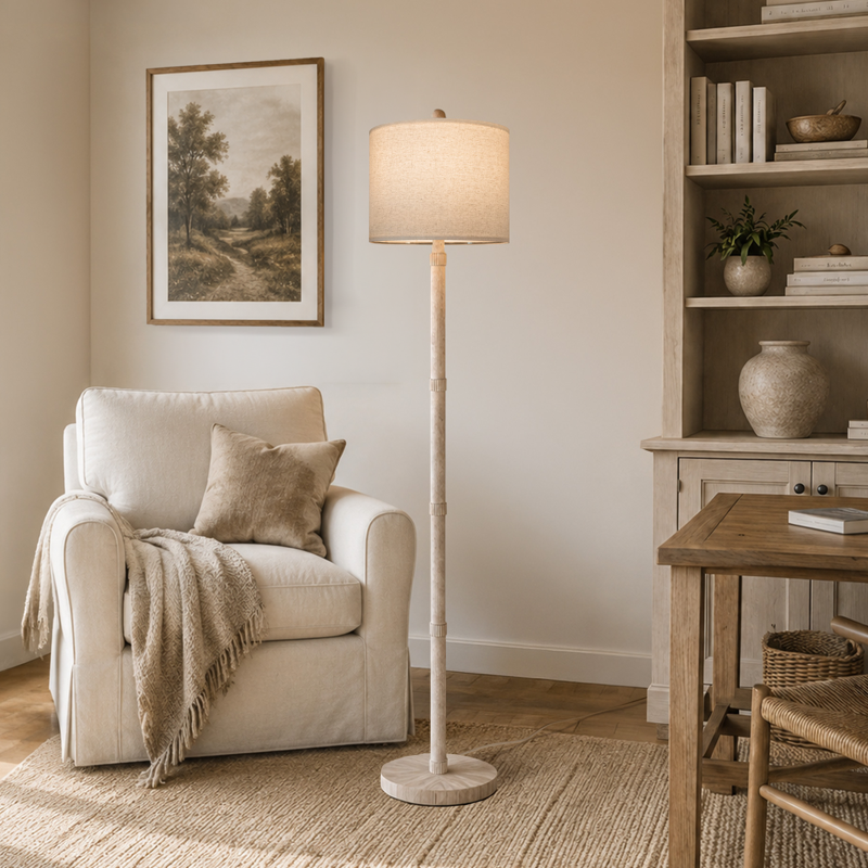 Farmhouse Floor Lamp for Living Room & Bedroom - Tall Off-White Wood Grain Standing Lamp