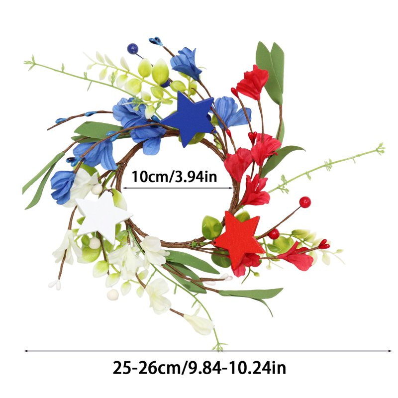 Patriotic Candle Ring Wreath for 4th of July Memorial Day Decor - Red White Blue Floral & Star Accents