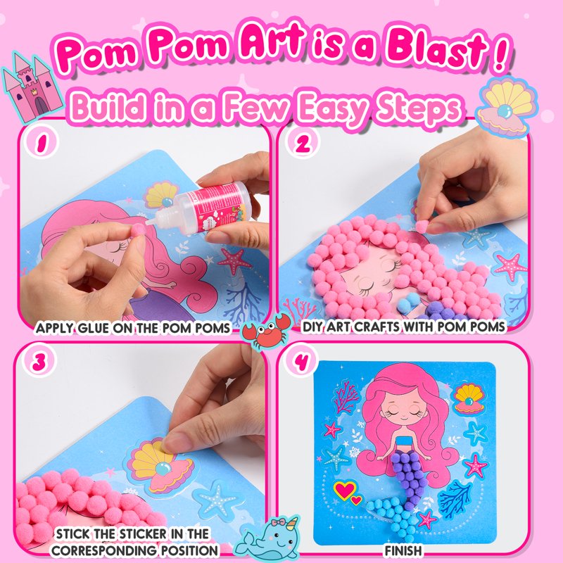 Kids Craft Kits for Girls Ages 3-6 DIY Mermaid & Unicorn Pom Pom Art Set