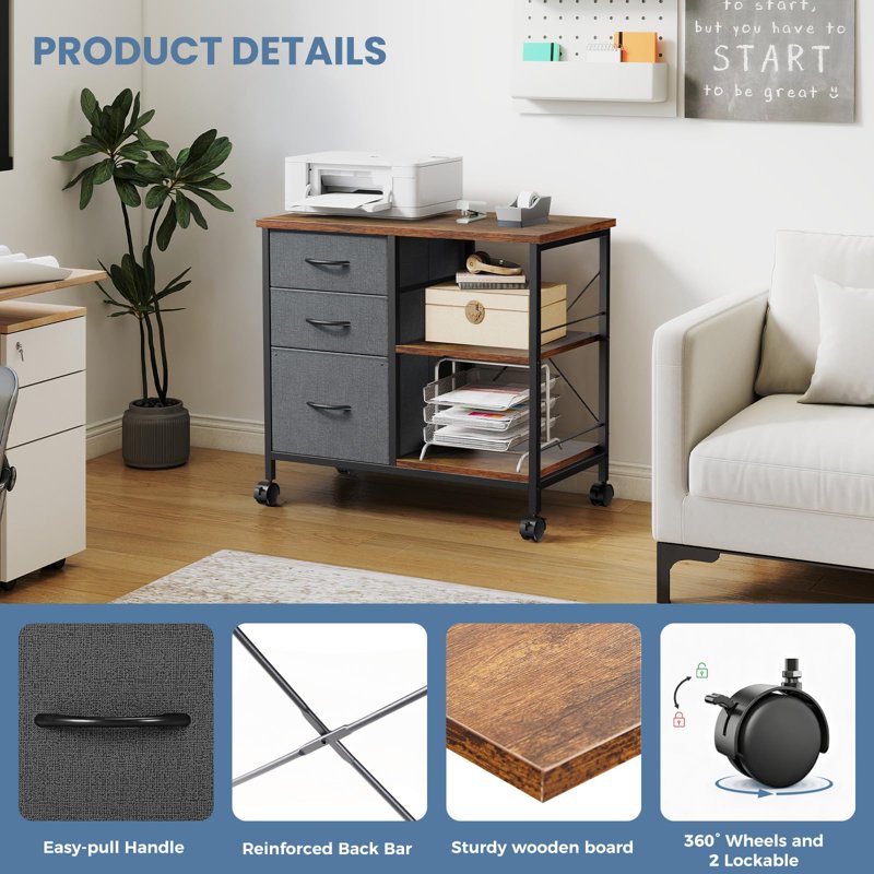 Mobile Fabric File Cabinet with Locking Casters and Storage Shelf for Home Office