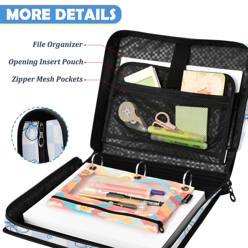 2 Inch 3-Ring Zipper Binder Folder Bag with Laptop Compartment - Blue Bow Checkered