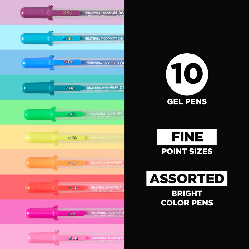Sakura Gelly Roll Moonlight Gel Pens Set - Fine Point Fluorescent Ink, 10 Pack