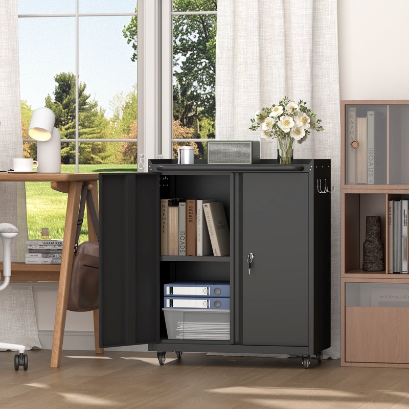 Metal Lockable Storage Cabinet on Wheels - Garage, Office, Home Organizer with Adjustable Shelf