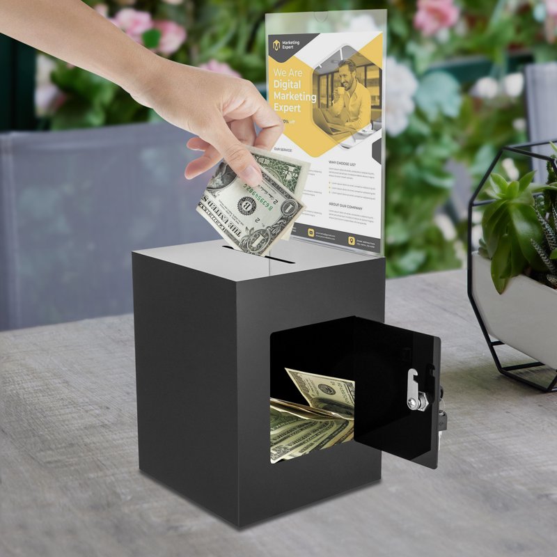 Acrylic Donation & Suggestion Box with Lock and Sign Plate - Tabletop Fundraising Box