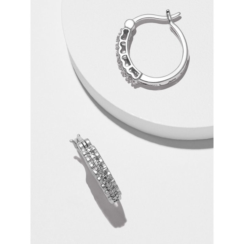 Silver Plated Hoop Earrings with Diamond Illusion Accent - Fine Jewelry
