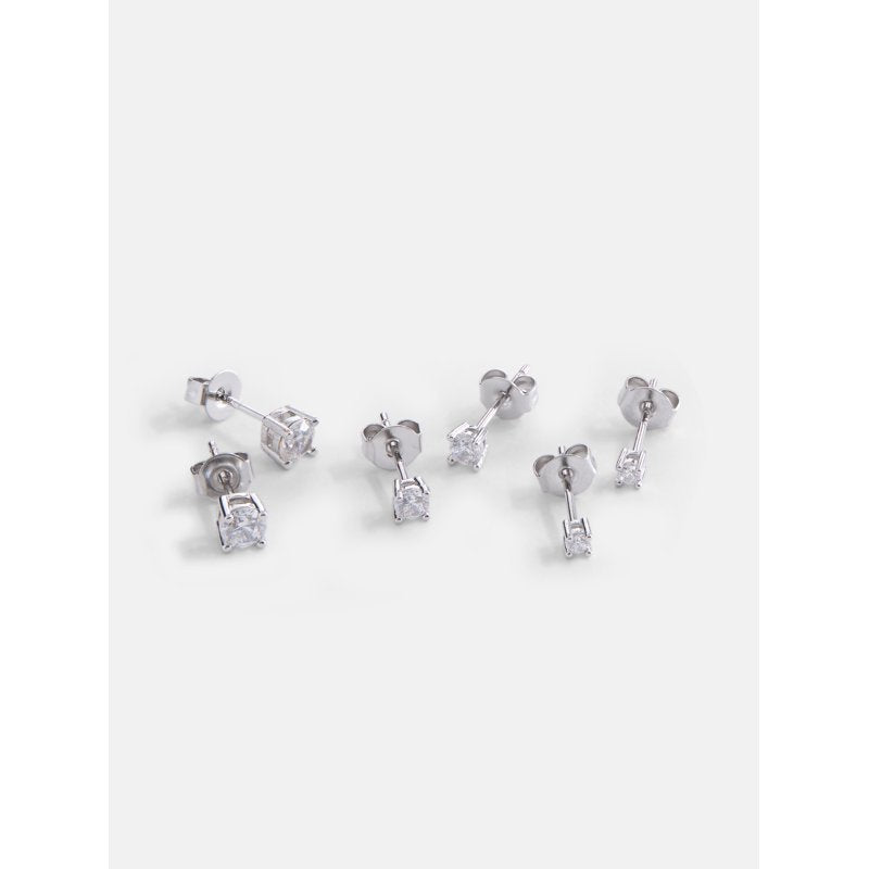 Silver Plated Cubic Zirconia Stud Earring Set for Women – 3 Pairs, Hypoallergenic