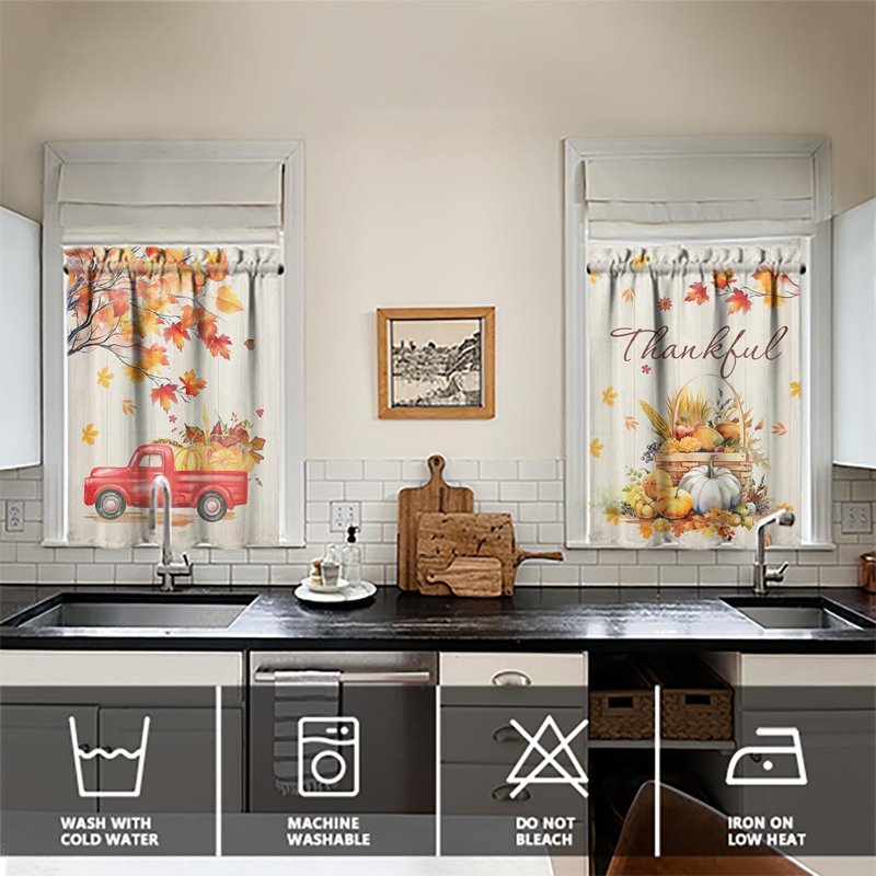 Fall Pumpkin Kitchen Curtains Valances and Tiers Set for Windows - Autumn Truck Maple Leaves 3-Piece