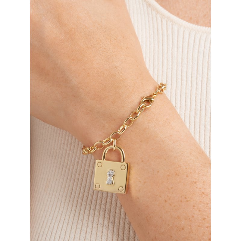 Gold-Plated Diamond Illusion Lock Charm Chain Bracelet for Women