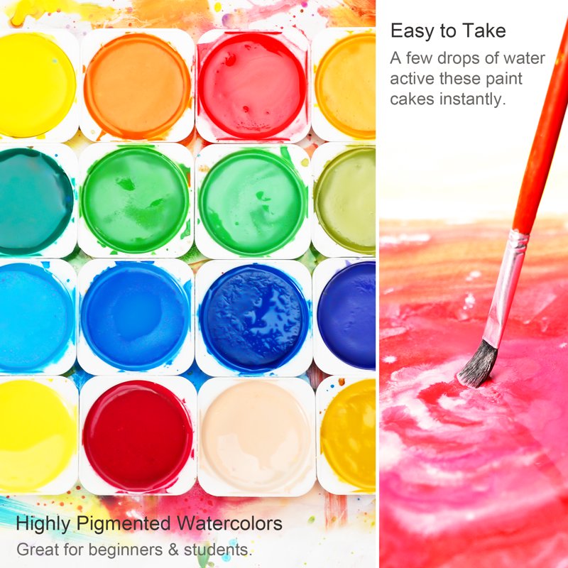 Kids Watercolor Paint Set - 24 Vibrant Cakes with Brush & Palette for Beginners & Artists