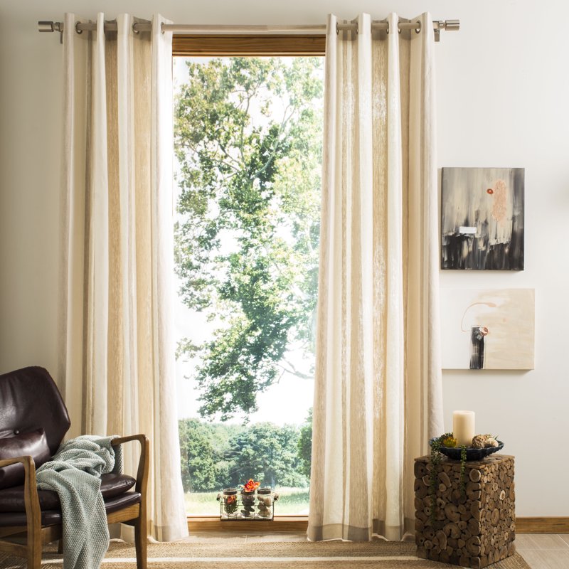 Semi-Sheer Linen Grommet Curtain Panel 52x96 Inches Natural White Stripe