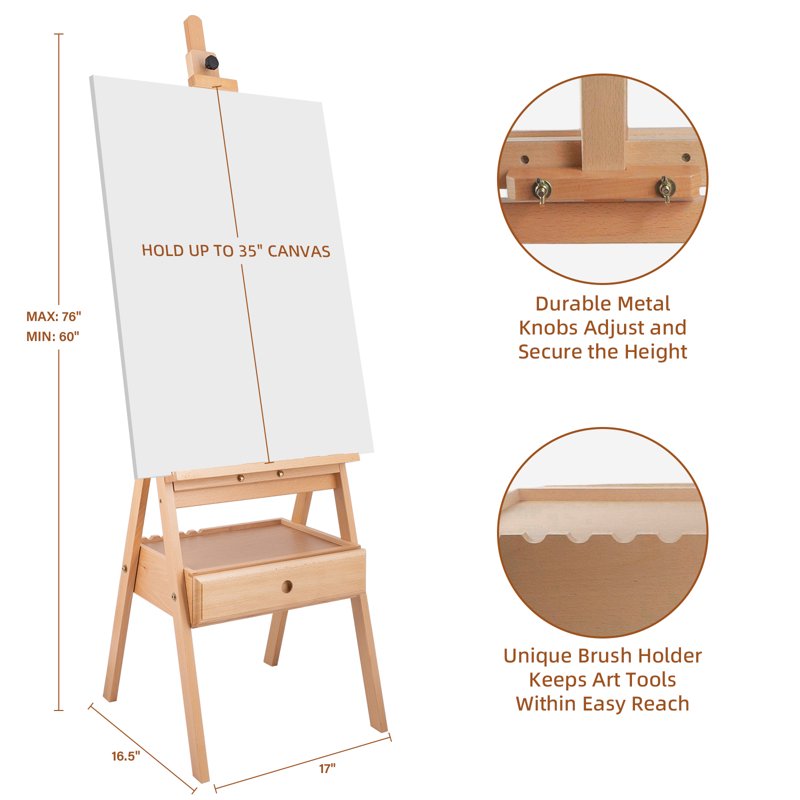Adjustable Artist Easel with Storage Drawer - Studio Beechwood Stand for Canvases Up to 35 Inch