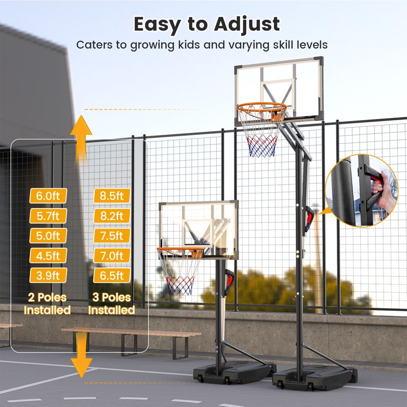 Portable Basketball Hoop for Kids & Adults - Adjustable 3.9-8.5 ft with HDPE Backboard