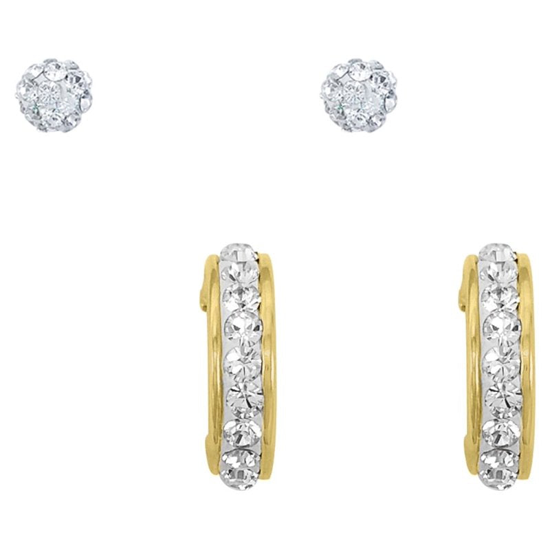 Children's Crystal Earrings Set - 14K Gold Plated Sterling Silver Studs & Hoops