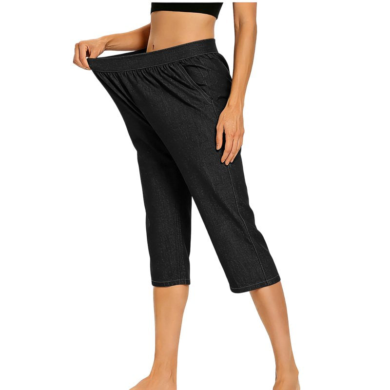Women's High Waisted Elastic Cargo Capris with Pockets - Casual Athletic Pants