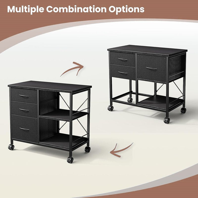 3-Tier Mobile File Cabinet with Lockable Casters and Storage - Rustic Black