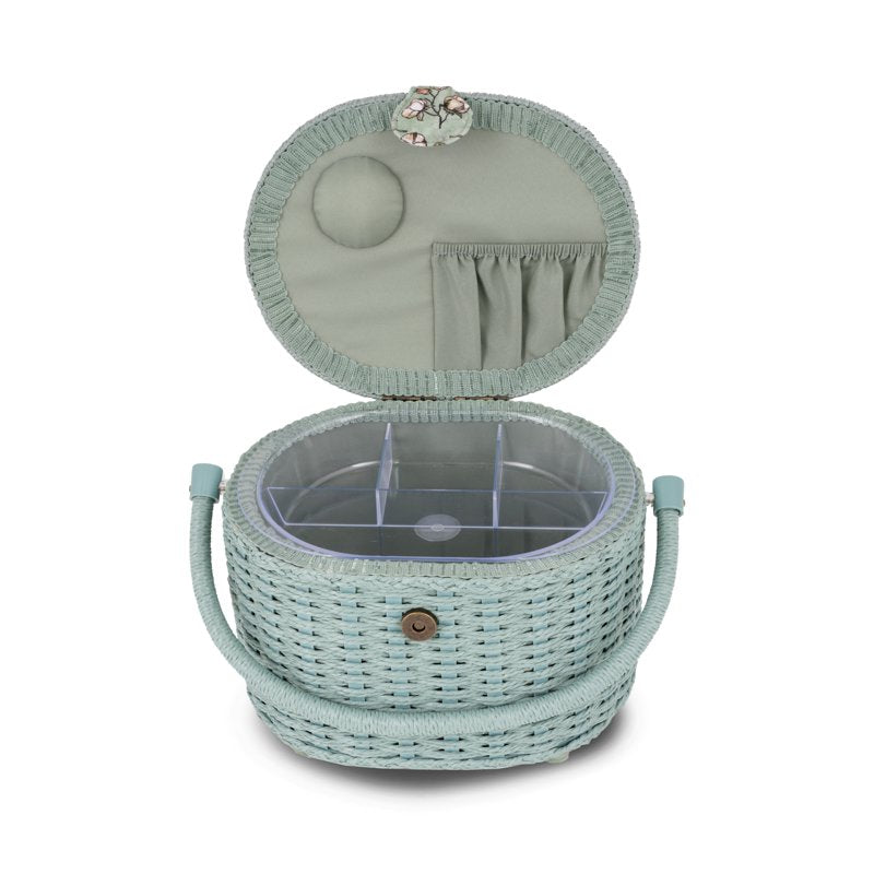 Small Oval Sewing Basket with Pincushion and Removable Organizer - Green Floral