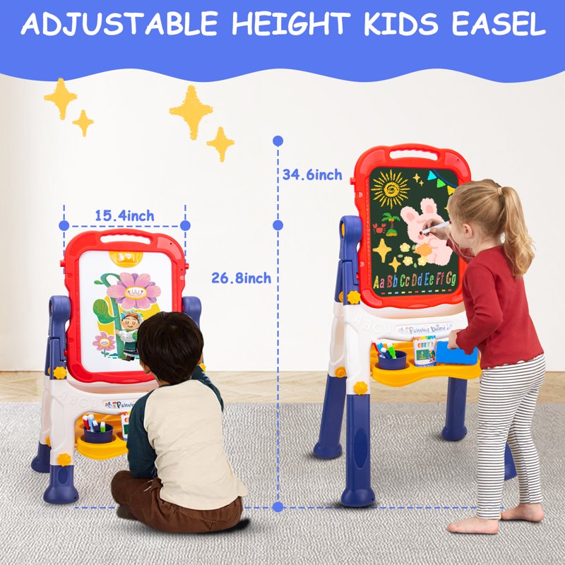Kids Adjustable Double-Sided Art Easel with Whiteboard & Chalkboard