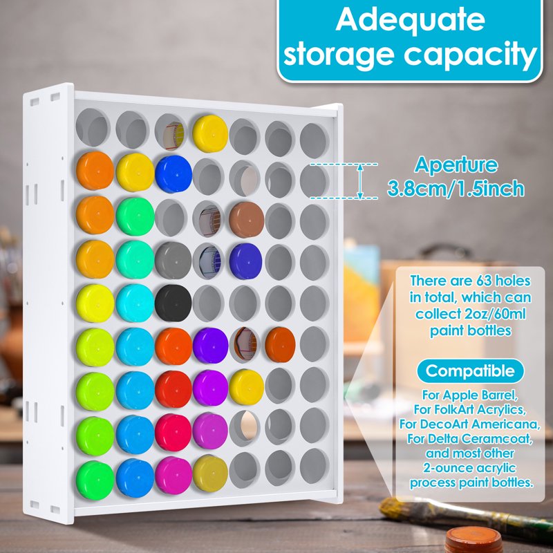 Wall-Mounted Paint Storage Organizer with 63 Holes for 2oz Craft Paint Bottles