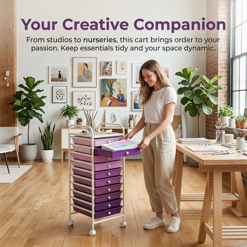 10-Drawer Rolling Storage Cart with Casters - Purple Home & Office Organizer