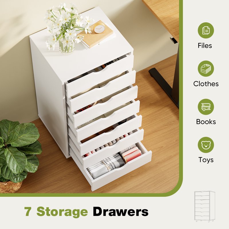 7-Drawer Storage Cabinet on Wheels for Home Office Bedroom Organization, White