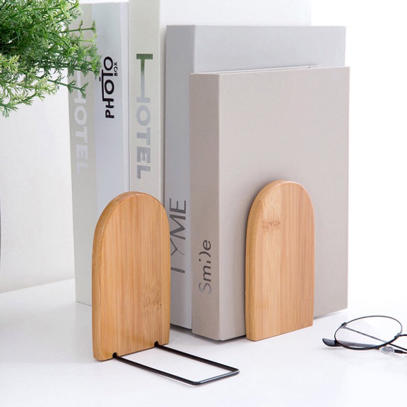 Natural Bamboo Bookend Set - Heavy Duty Anti Slip Office Shelf Holders