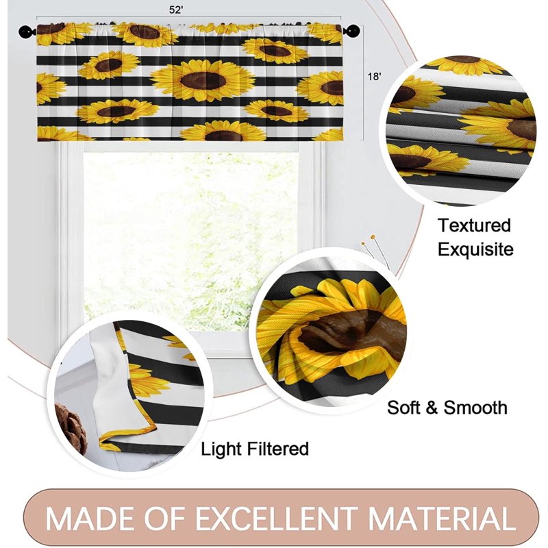 Set of 2 Sunflower Window Valances with Adjustable Rod Pocket - Summer Floral Blackout Drapes for Kitchen & Living Room