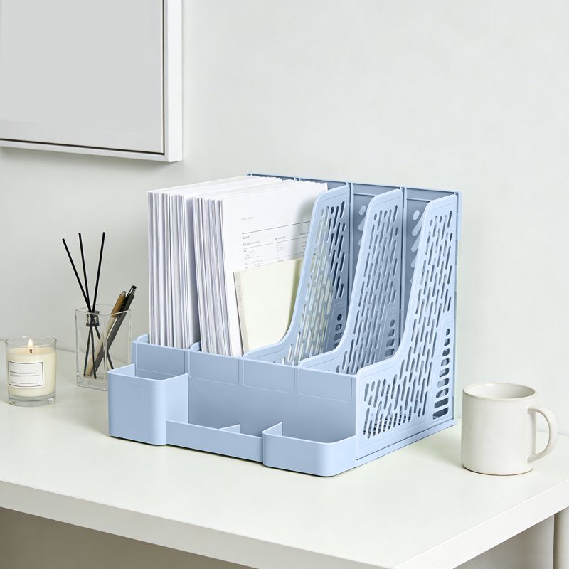 Multi-Compartment Desk File Organizer with Detachable Pen Holders - Plastic Storage Rack for Office and Home